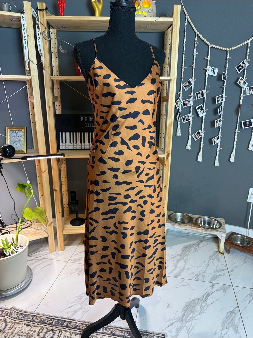 Slip Midi Dress with Black Spot Print - Brown